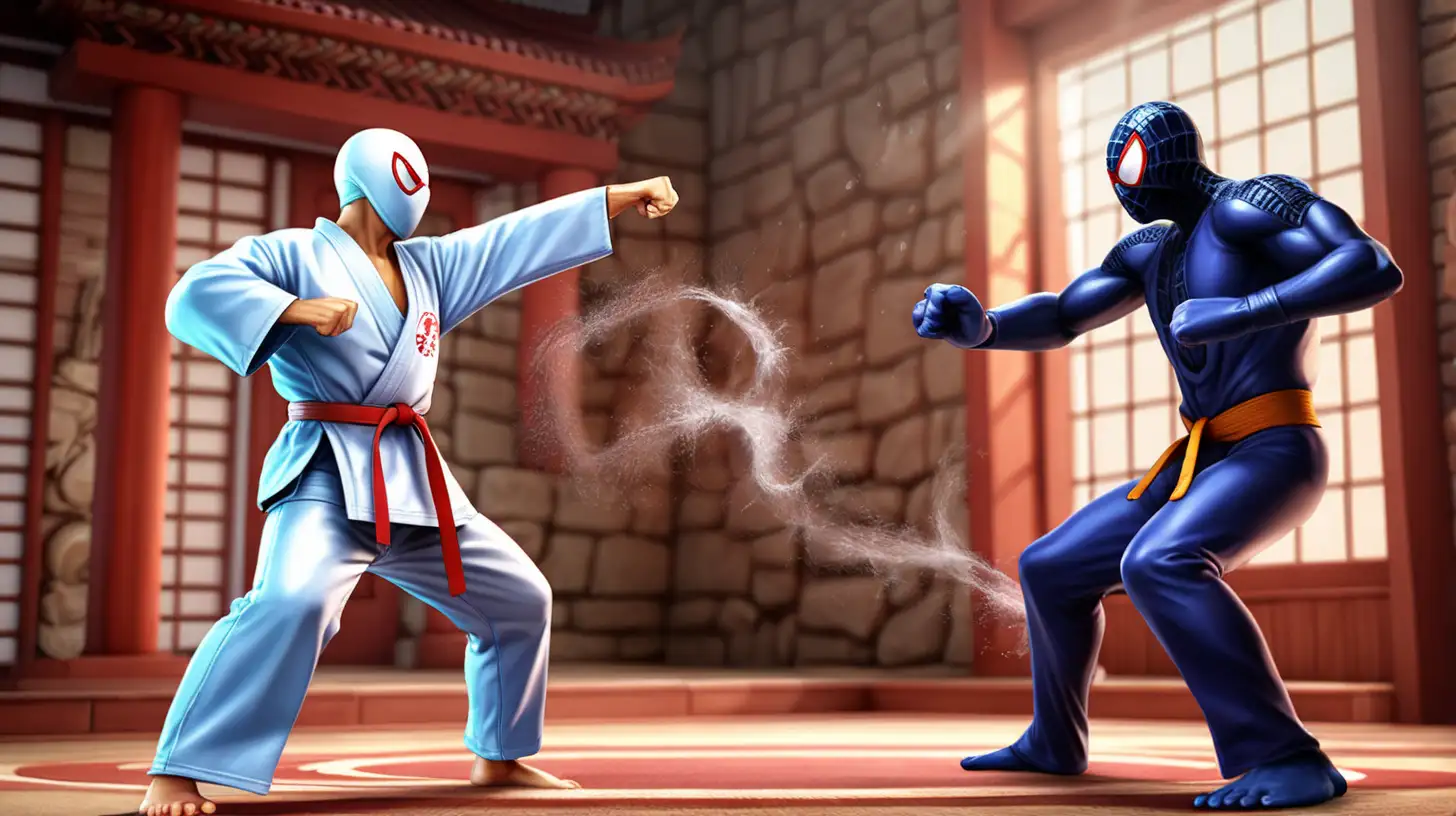 Epic Versus Karate Fighting Spider Hero vs Super Villain in Temple Environment