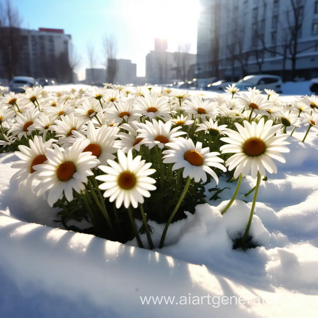 Зимний город, много больших и ярких ромашек на снегу, ярко светит солнце, на снегу виднеется талый силуэт 8