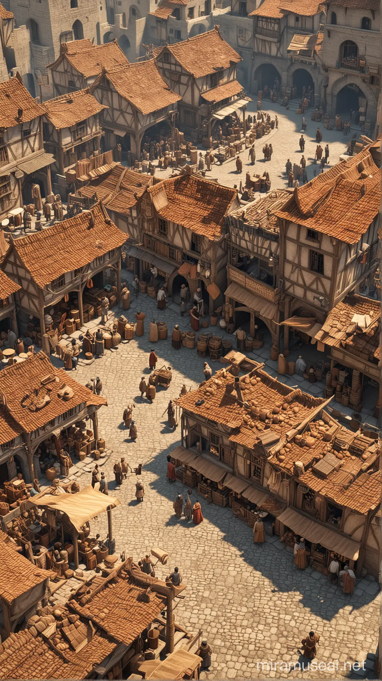 Generate merchants city in 12th century with merchants sell things