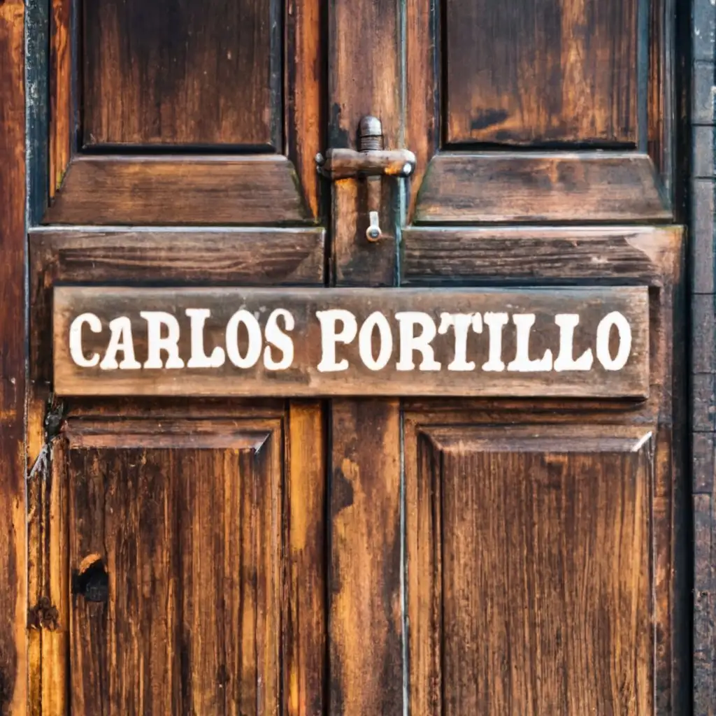 logo, wooden door, with the text "Carlos Portillo", typography