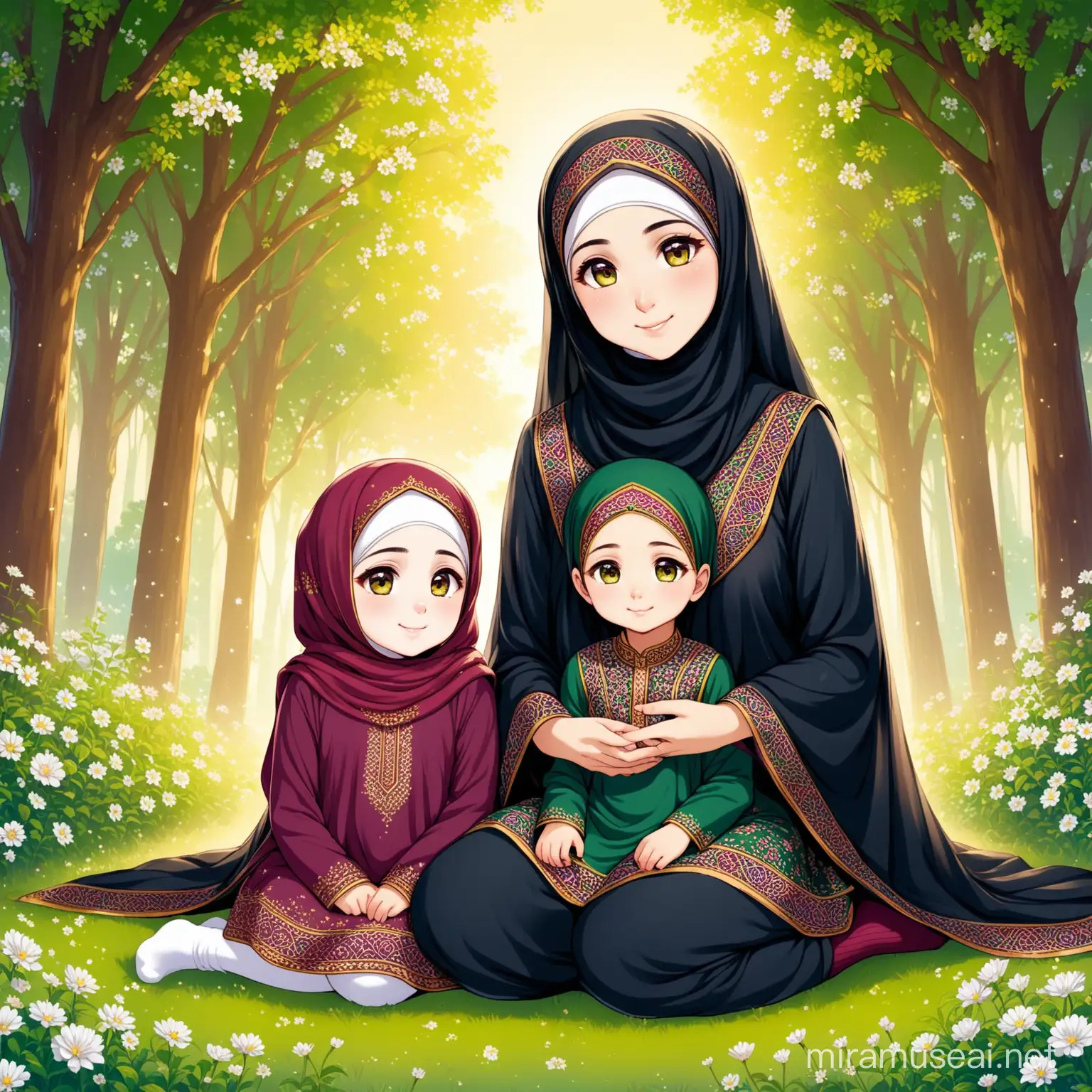 Persian Girl Fatemeh Sitting with Mother Roqayeh in Forest Clearing