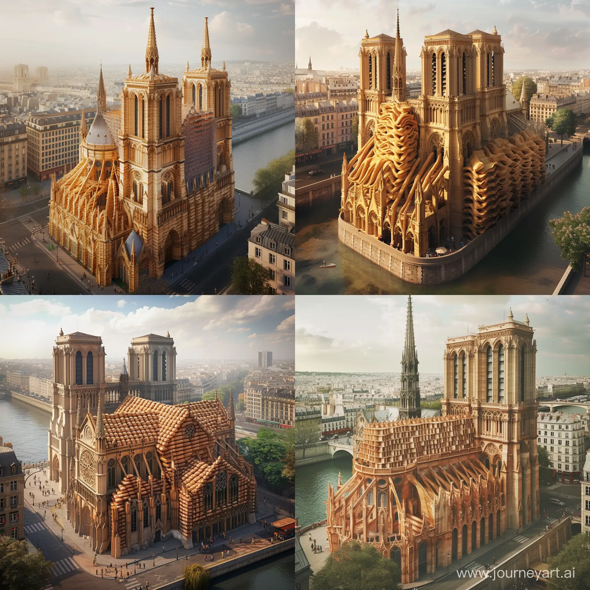 Generate a highly realistic image of Notre Dame Cathedral transformed into a stunning structure made entirely of mille-feuille pastries, seamlessly integrated into its authentic urban environment in Paris.  Mille-feuille Notre Dame Details:  Ensure that the layers of mille-feuille mimic the intricate architectural details of Notre Dame, including the spires, flying buttresses, and ornate facades. Emphasize the delicate and flaky texture of the mille-feuille layers, aiming for a realistic portrayal of the pastry's appearance. Urban Environment:  Set the scene in Paris, preserving the recognizable elements of the cityscape, including nearby buildings, streets, and the Seine River. Pay meticulous attention to scale and perspective, ensuring that the mille-feuille Notre Dame fits seamlessly into the historic city setting. Reflect the actual weather conditions, capturing the nuances of natural light, shadows, and atmospheric effects. Additional Details:  Include realistic reflections on nearby structures and the river to enhance the integration of the mille-feuille Notre Dame into the urban environment. Consider adding subtle elements like pedestrians, street vendors, or other Parisian features to enhance the sense of realism. Overall Atmosphere:  Strive for a harmonious blend of the whimsical mille-feuille structure and the authentic Parisian setting. Prioritize realism in both the pastry details and the urban environment to create an image that appears genuinely captivating and plausible.