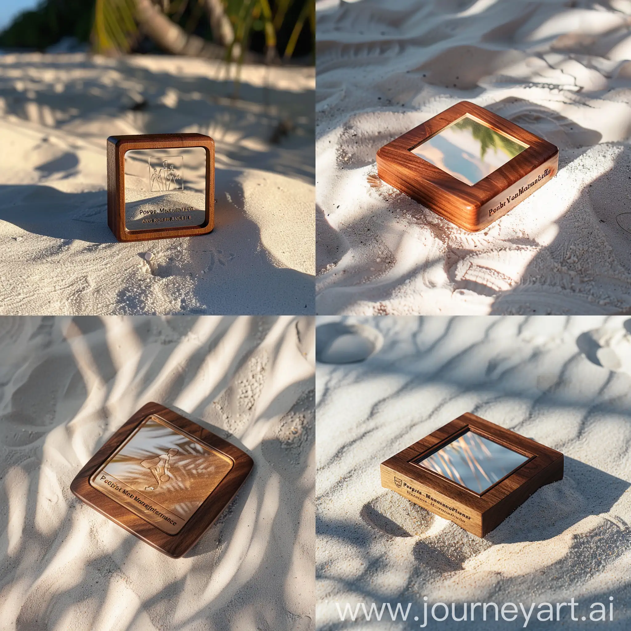 High quality, real life photography, square image with square mahogany-carved certification badge on a white sand beach, lit by the sun with subtle shadows. Zoom in on the badge. The text must be clearly visible. The badge has a carved image reflecting on the top, and straight, non-curved text with the name of the badge on the bottom. The badge is: People Management: Image is 3 people