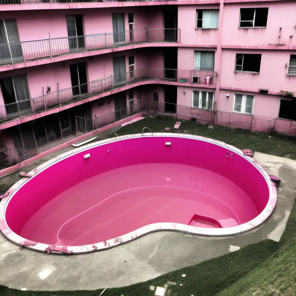 pink kidney shape swimming pool in abandon apartment with no water outside.