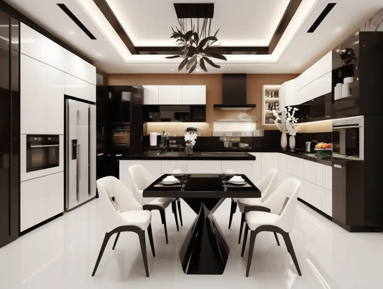 Minimalis luxury futuristic kitchen full set a la chef and five chair dinning room with mini lilies on the vase, modern tools, more wide space, high ceiling, cold-warm vibes, broken white-brown-black tone, diagonal angle, --v 6