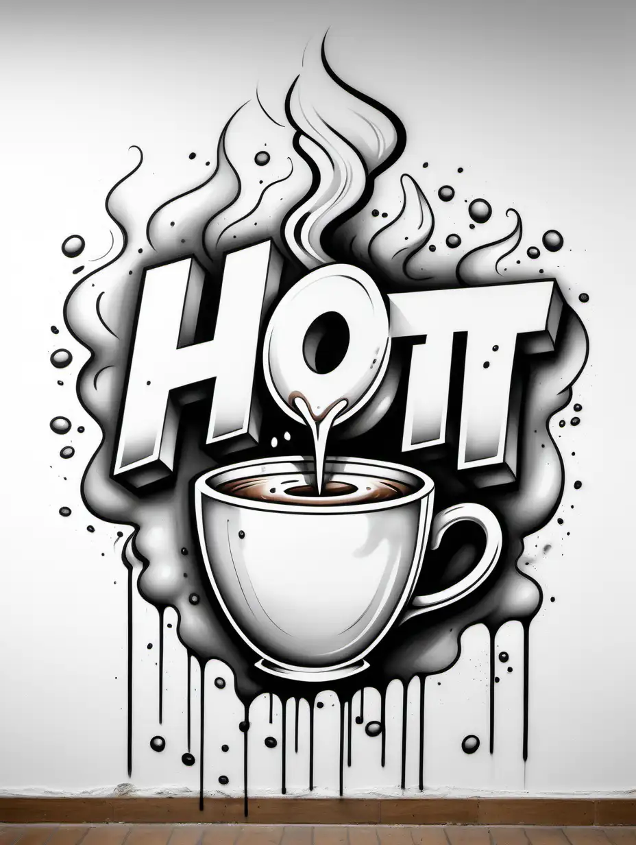 Create a graffiti colouring page, all white , black outline, no colour, graffiti art, with the word H O T, with cup of coffee behind HOT, on white wall, no shading, low detail, white background , colouring page, graffiti art style