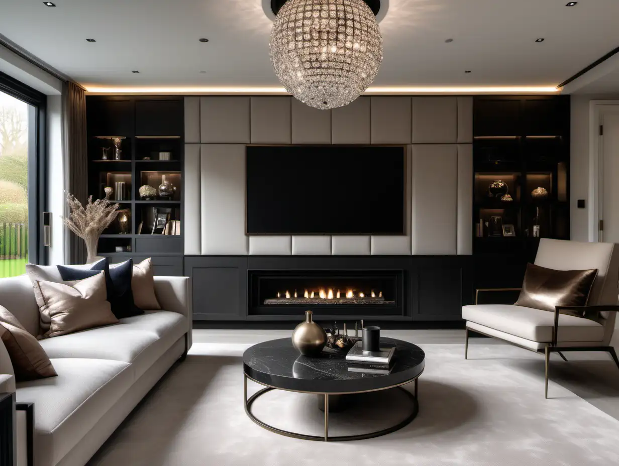 Luxurious Modern Living Room with Neutral Furniture and Crystal Pendant in London House