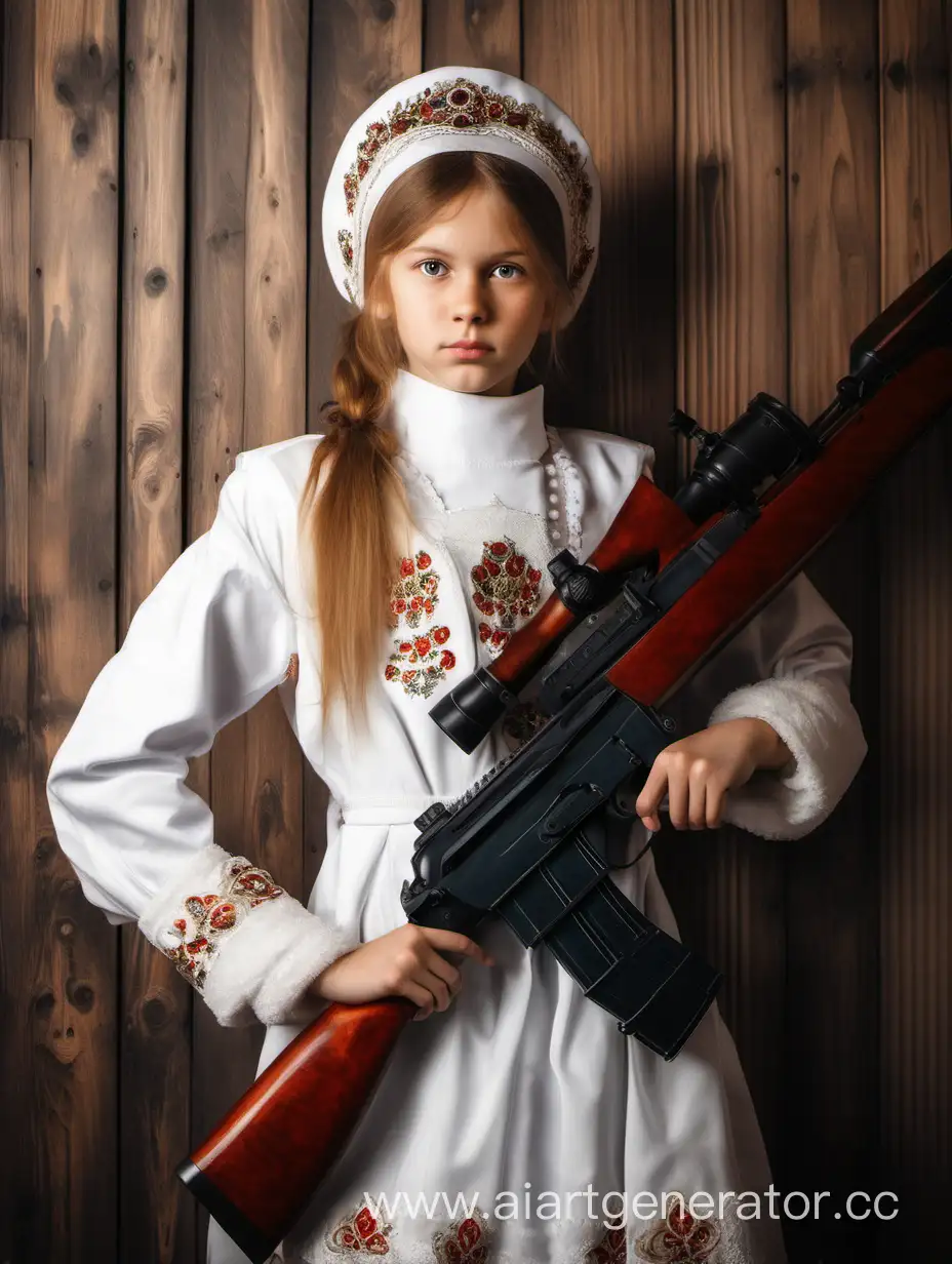 Русская девушка в кокошнике с автоматом на фоне панелек