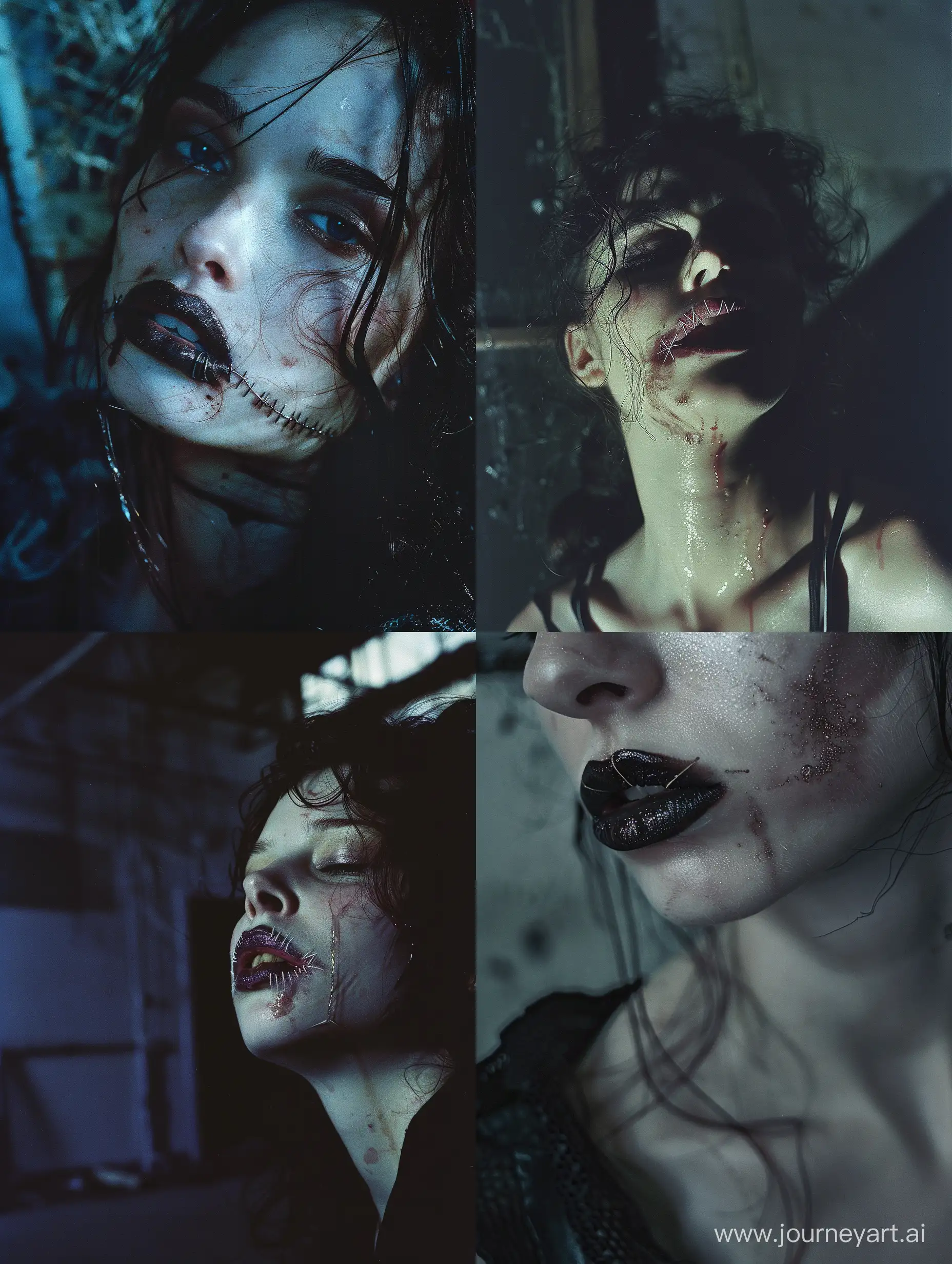 Gothic-Horror-Scene-Stitched-Lips-and-TearStained-Makeup-in-Abandoned-Warehouse