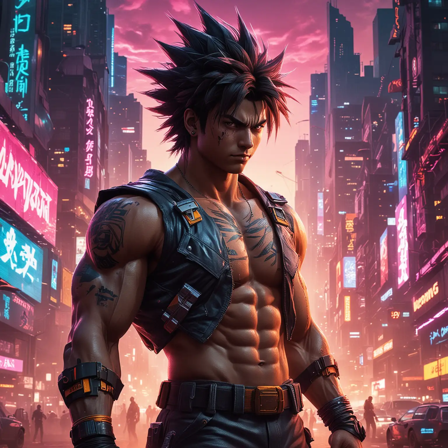 "Create an album cover for 'Power Unleashed' that visually blends the high-energy and iconic imagery of an anime superhero with the gritty, neon-lit backdrop of Cyberpunk 2077. The cover should feature Goku, depicted in mid-transformation, with his energy surging around him as he stands against a cyberpunk cityscape. His pose should convey immense power and readiness for battle, with vibrant colors that pop against a darker, futuristic urban environment."