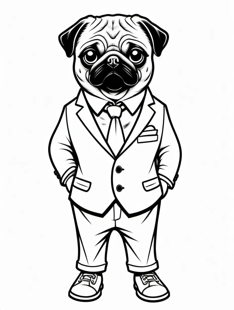black and white cartoon outline of a side profile of a cute pug wearing a 3 piece suit, and shoes, standing for a coloring book, outline only, thick black lines, solid white background, no logo