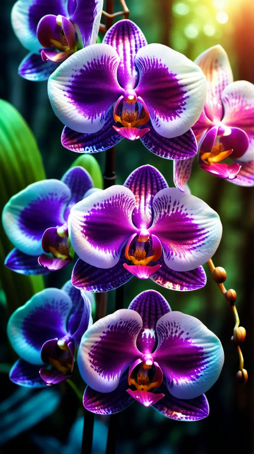 vivid brilliant color image of 
 orchid blossoms, detailed iridescent forest background 