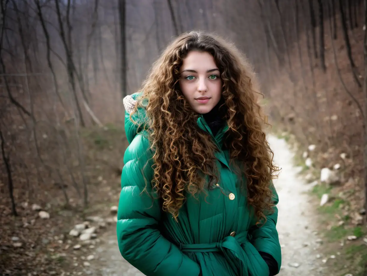24 years old young woman from italy with long curly brown hair, green eyes, full body, at Parco Naturale Regionale Sirente-Velino in winter
