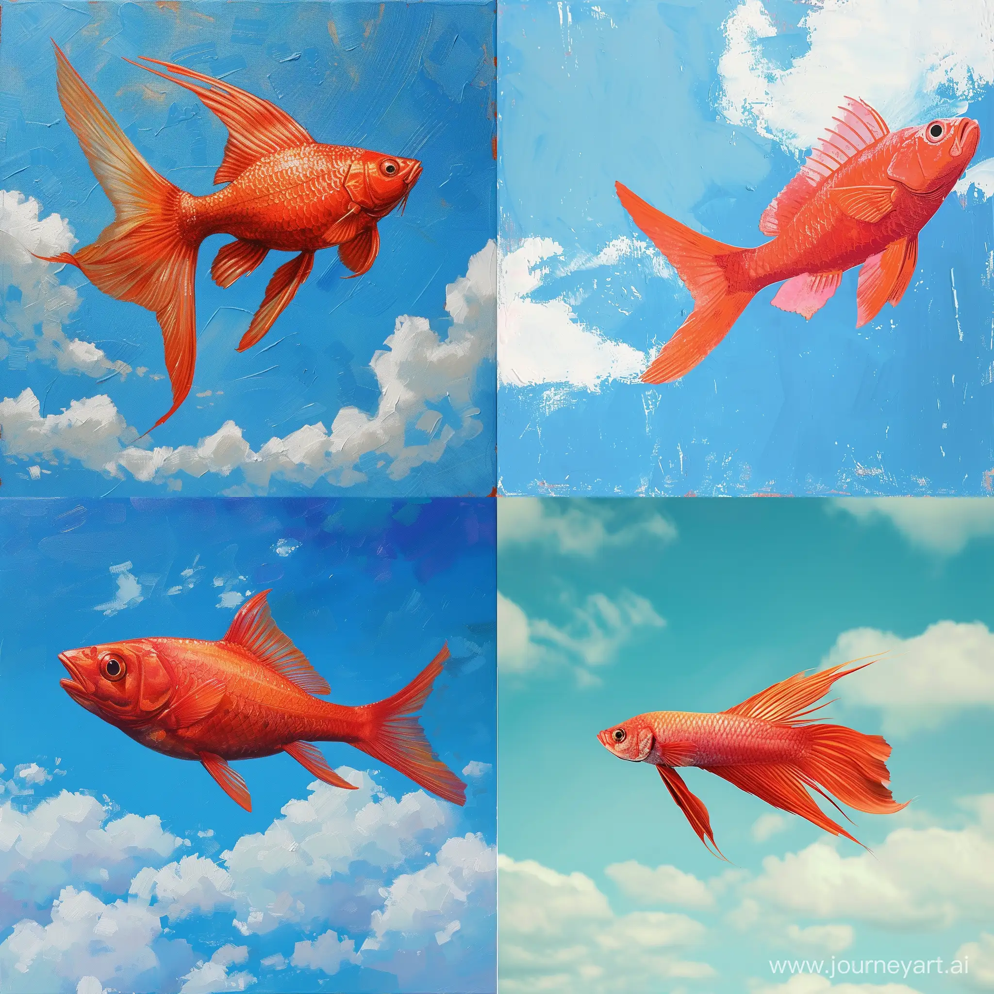 سمكة حمراء تطير في سماء زرقاء 
