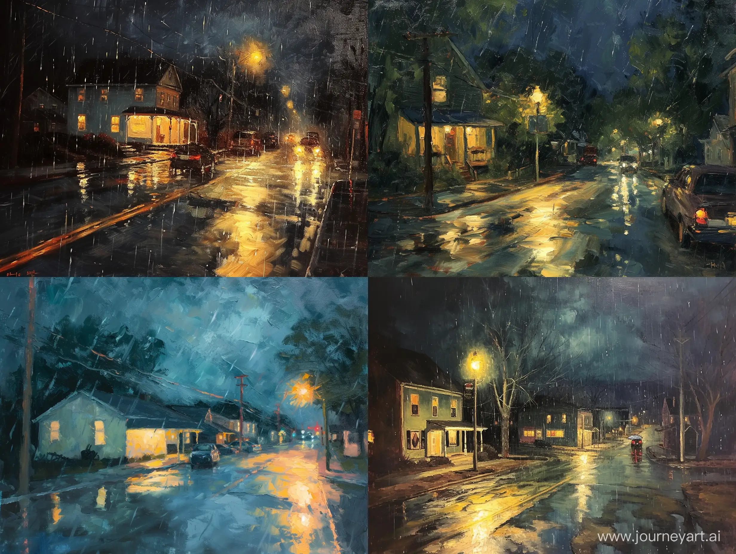 Enchanting-Night-Rainy-Small-Town-Oil-Painting