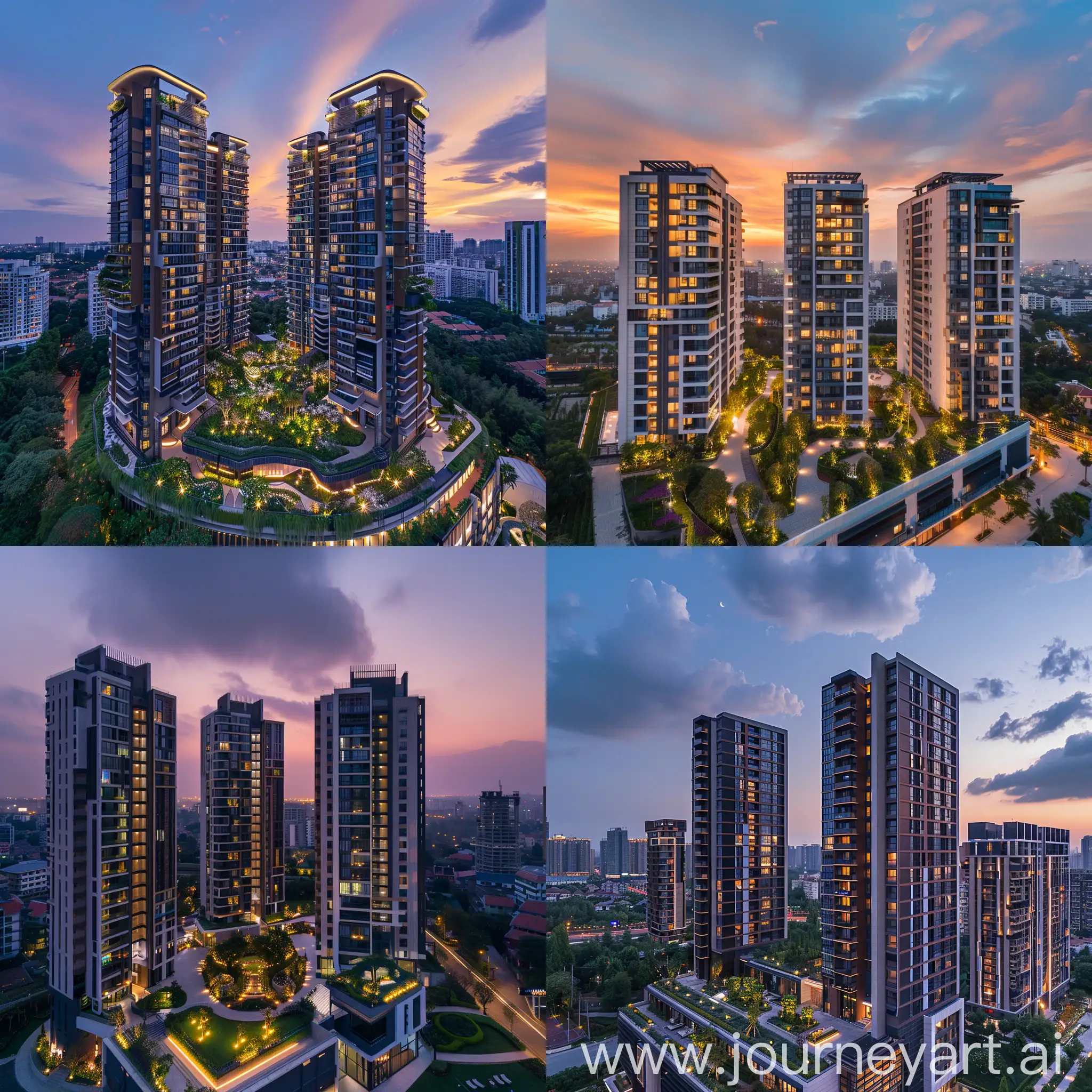 Drone shot, 3 breath taking modern looking elegant apartment towers, evening beautiful sky, elegant garden in the roof top, dramatic lighting.