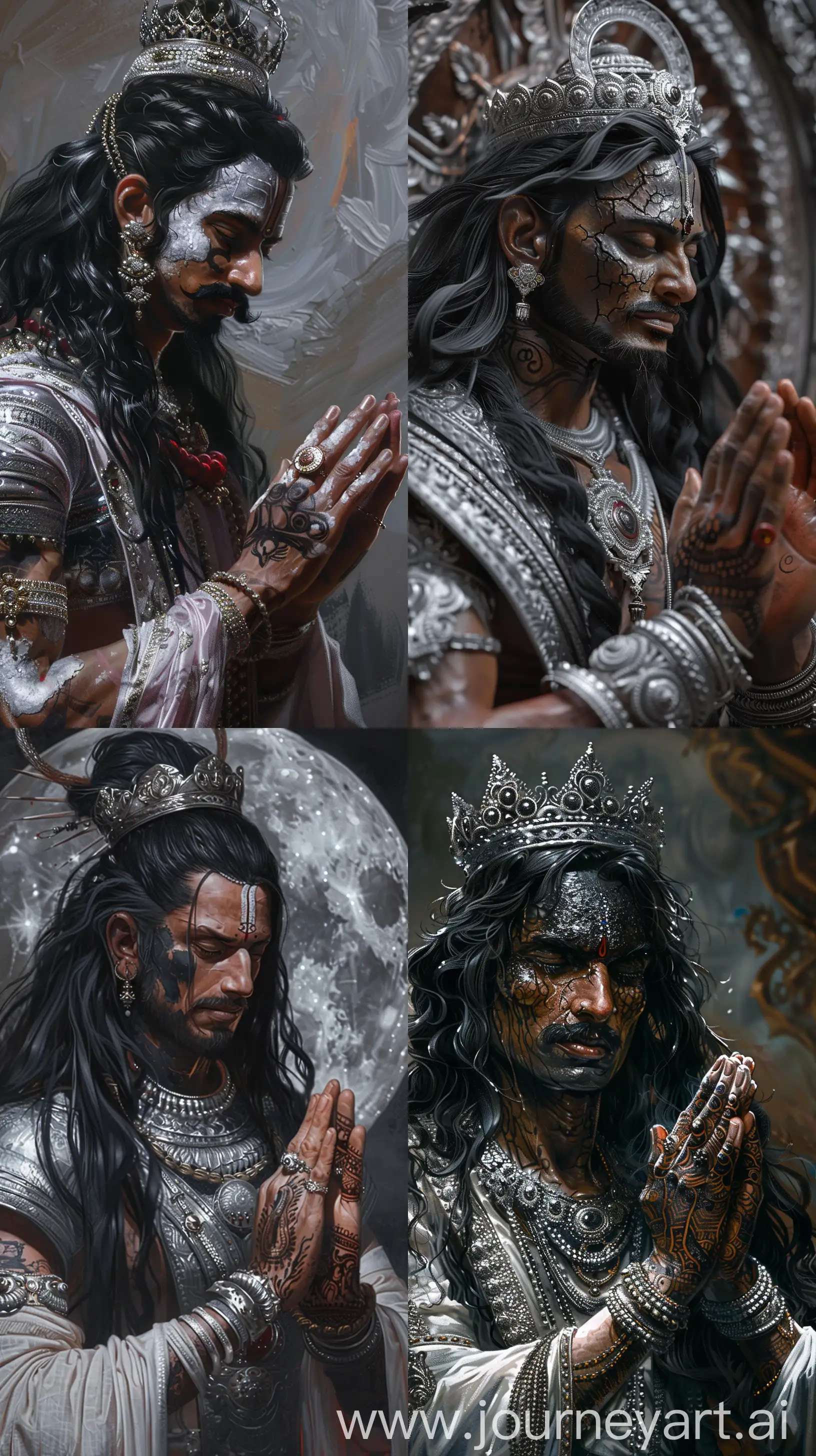 Image depicting moon God from Hinduism as a man in his thirties, black long hair, clean shaven, crowned, silver attire, blackened and cracked facial features, seen as if talking with someone with his hands joined alike asking for a favor, intricate details, 8k quality image in Raj Ravi Varma art style --ar 9:16 --v 6