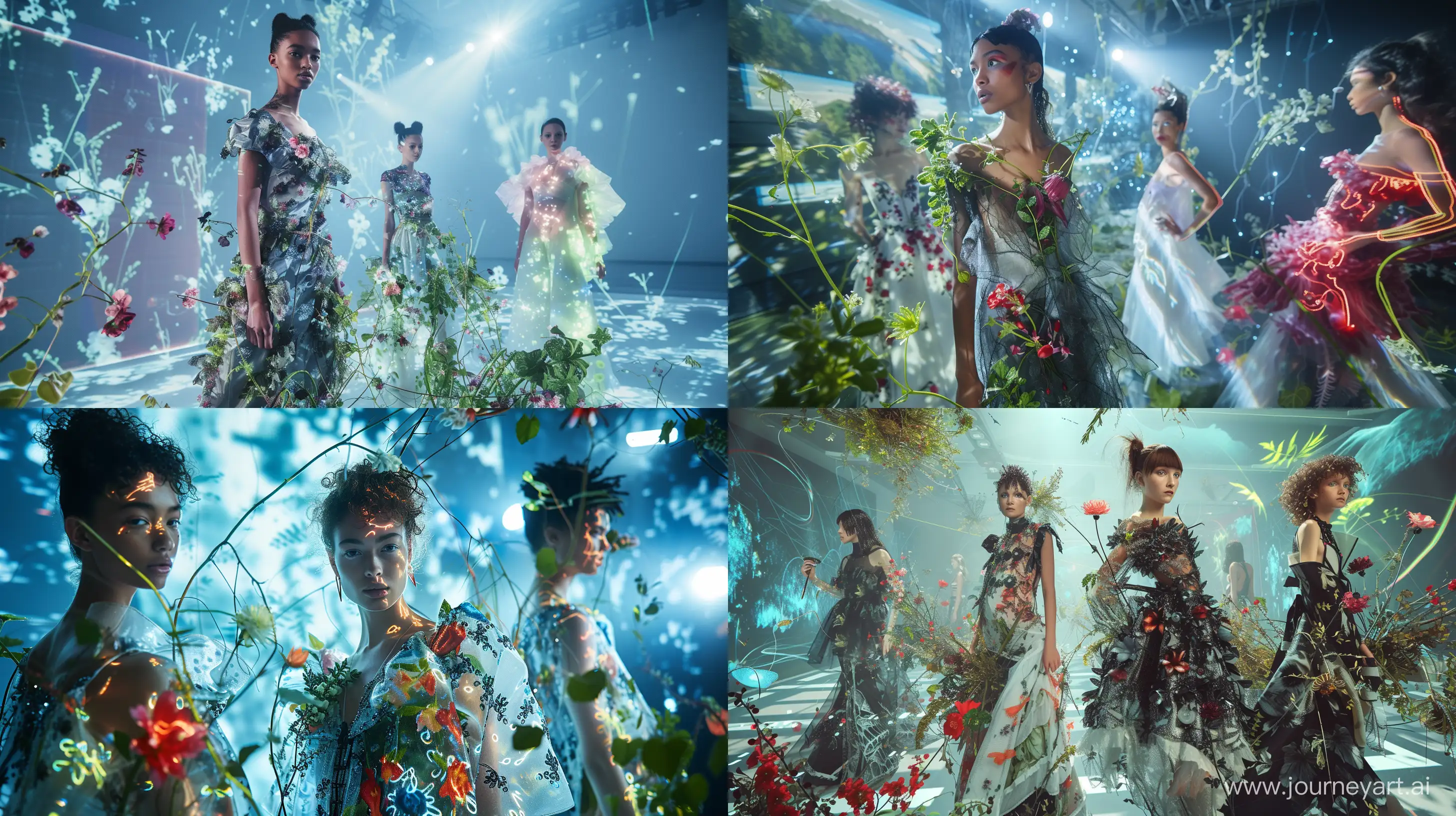 Beautiful online models posing on a futuristic runway, wearing avant-garde fashion pieces that incorporate organic elements like flowers and vines, surrounded by holographic projections of nature, Photography, high-resolution digital camera with a 50mm lens, capturing the intricate details of the clothing and the models, --ar 16:9