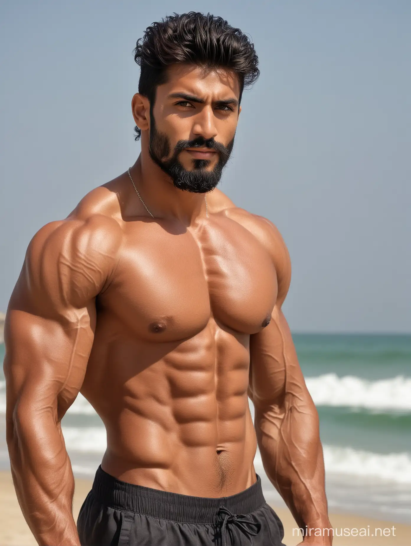 Tall and handsome bodybuilder Pakistani men with beautiful hairstyle and beard with attractive eyes and Big wide shoulder and chest standing on beach and showing his biceps 