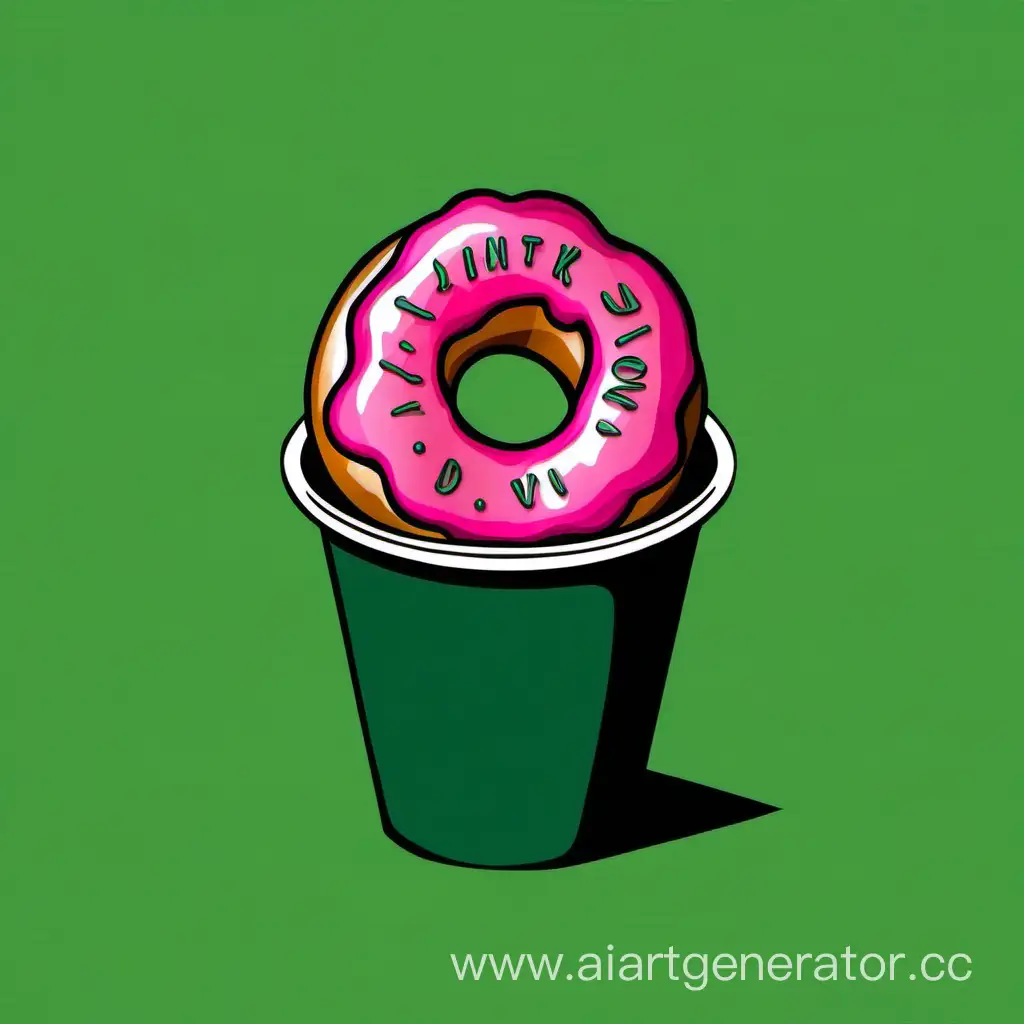 I need you to create an image of the pinky donats near the dark-green paper cup of coffee. Background should be smooth dark-green too