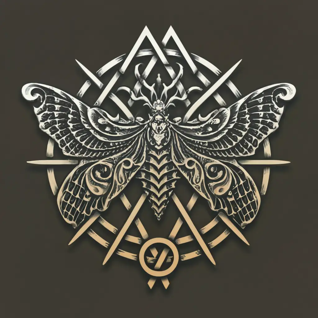 LOGO-Design-For-Viholent-Siren-Silver-Death-Head-Moth-and-Pentagram-on-Clear-Background