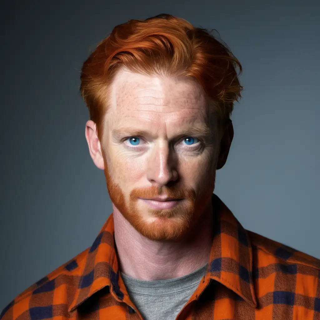male redhead, early 40s, blue eyes, short hair,  wearing orange flannel