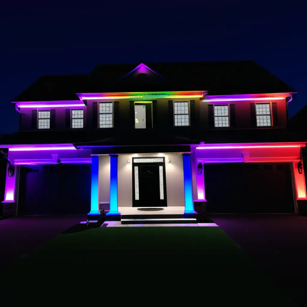 Vibrant RGB Strip Lighting Accentuating Front Facade of the House