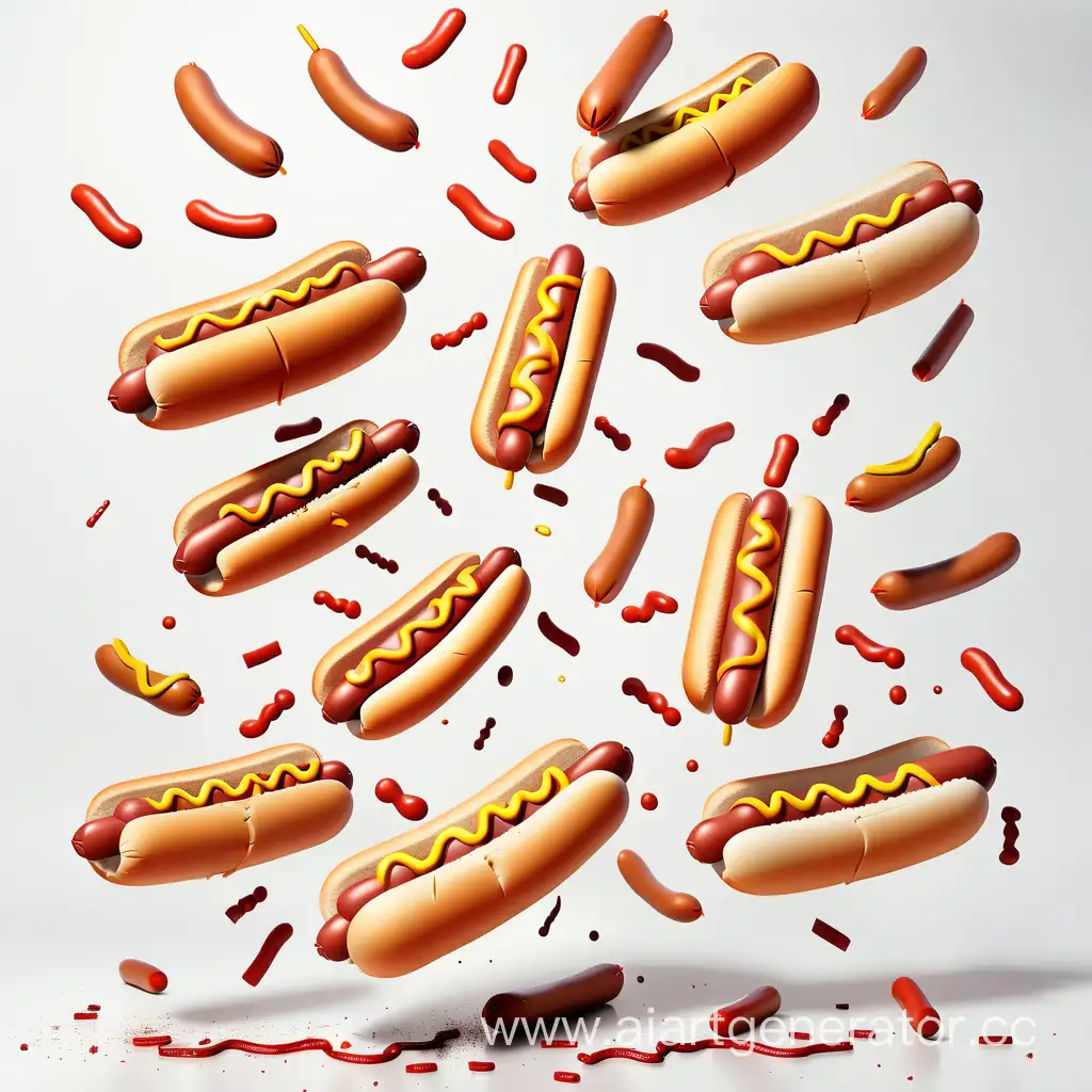 Colorful-Hot-Dogs-Falling-from-the-Sky-on-White-Background