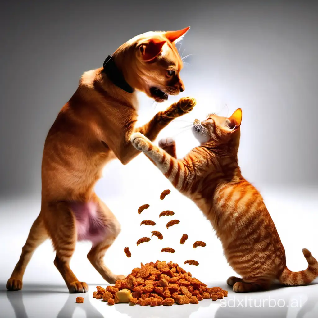 Red cat and dog is fighting for food