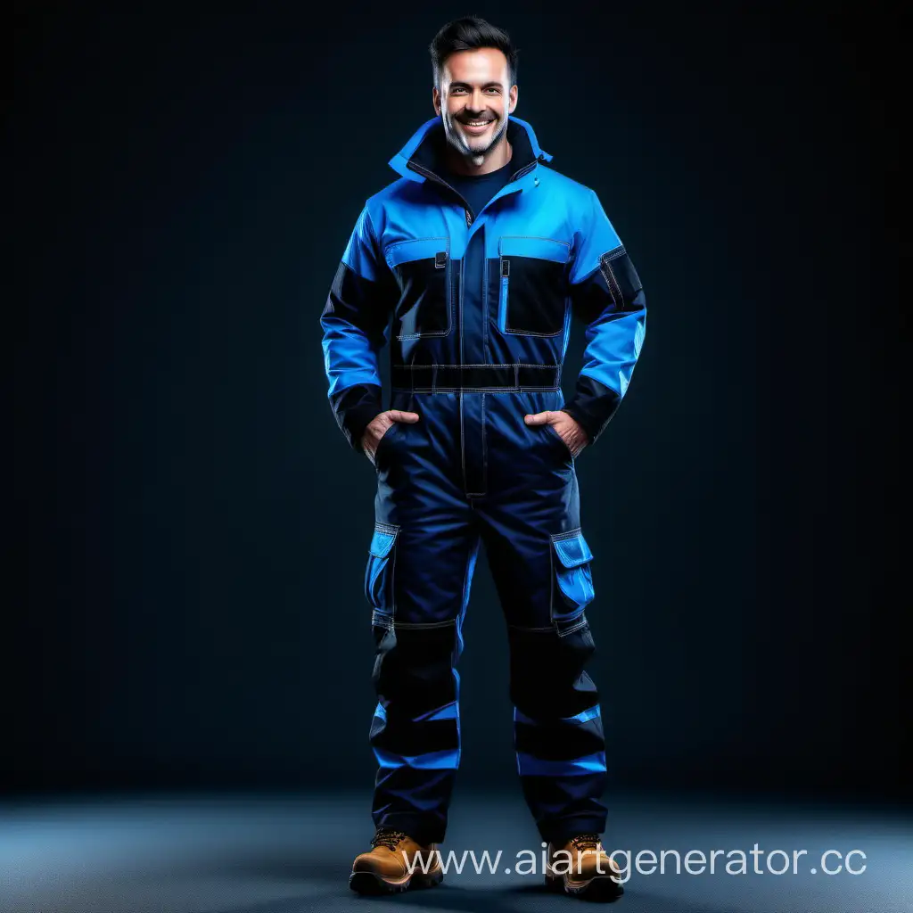 beautiful insulated workwear  strong man smile black blue front view full length 4k quality high dramatical light