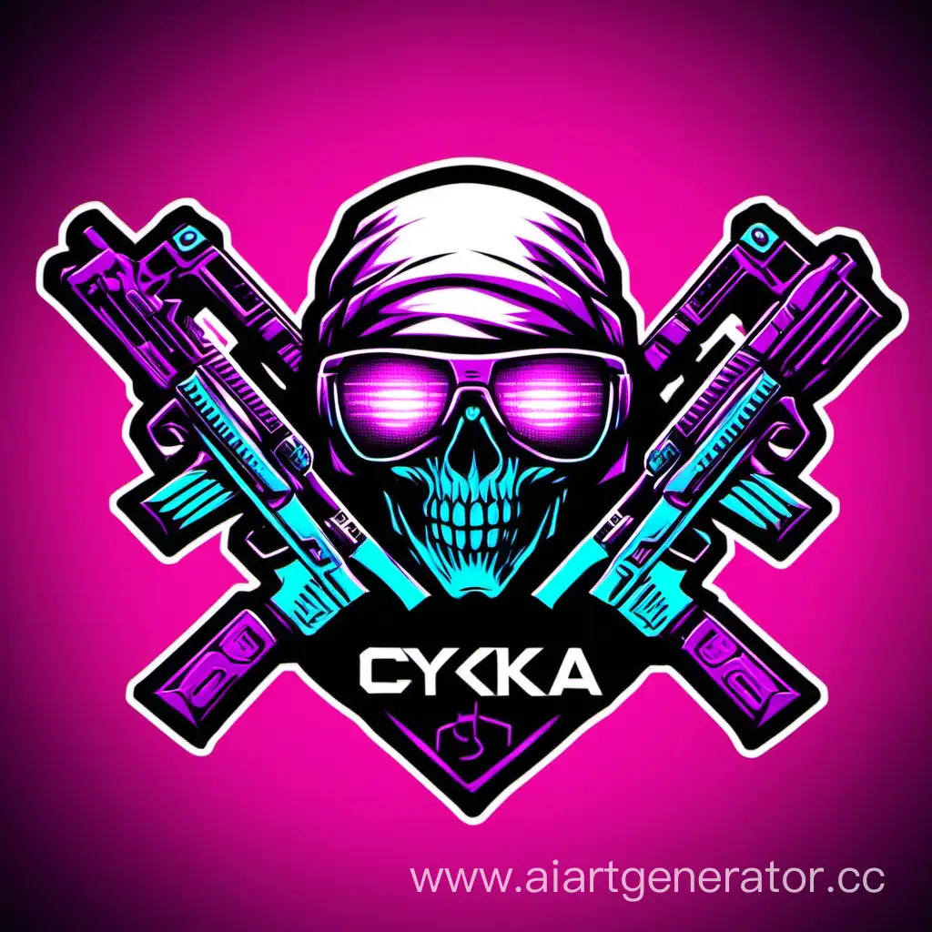 Создай логотип для команды с названием cyber kartel по игре counter strike. На логотипе должна быть надпись CyKa в виде черепа в киберпанковских очках. Всё это в розово-берюзовых, фиолетовых тонах. Картинка должна быть минималистичной, но с сокращенным названием команды CyKa. Нужно, чтобы логотип мог быть в виде наклейки на оружие в counter strike 2

