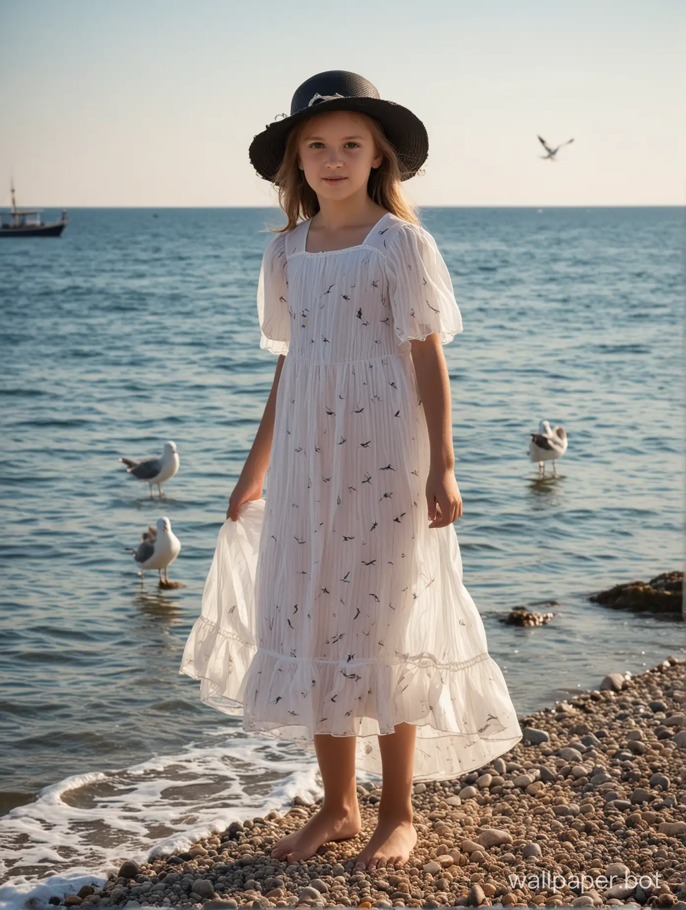 Black Sea, Crimea, 11-year-old girl in a summer dress and hat, full-length, ship in the distance, seagull, transparent dress