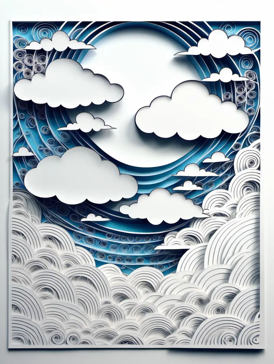 Paper cut art style , clouds, low detail, colouring page, white background 