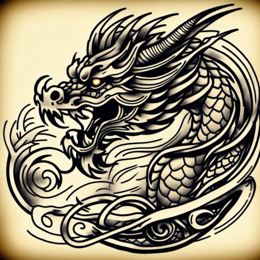 Fiery Dragon Tattoo Flash Design