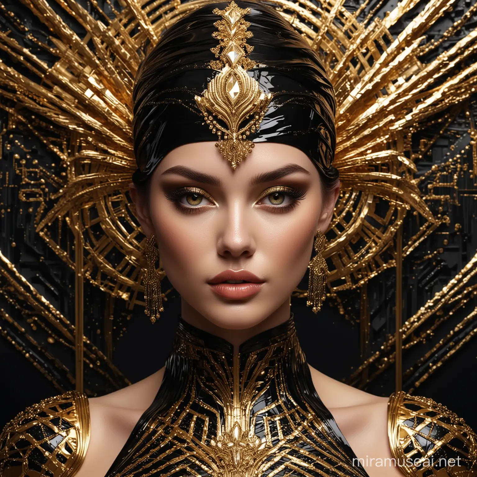 Craft a digital art portrait of a woman with a glossy, statuesque look. Her skin is a shimmering gradient of black and gold tones, catching the light to emphasize her chiseled features. Her eyes are accentuated with bold, metallic eyeshadow and her lips are painted a sleek, glossy black. She wears a striking headpiece and garments with a geometric pattern that combines sharp angles and flowing curves, in glossy black and vibrant gold colors. The background is a complex array of golden lines creating an abstract, art-deco inspired pattern that complements the headpiece. The entire composition should exude luxury and sophistication, with a strong contrast between the rich black and glowing gold elements, a hyper-realistic render with intricate details, 32k render, hyperrealistic, detailed.