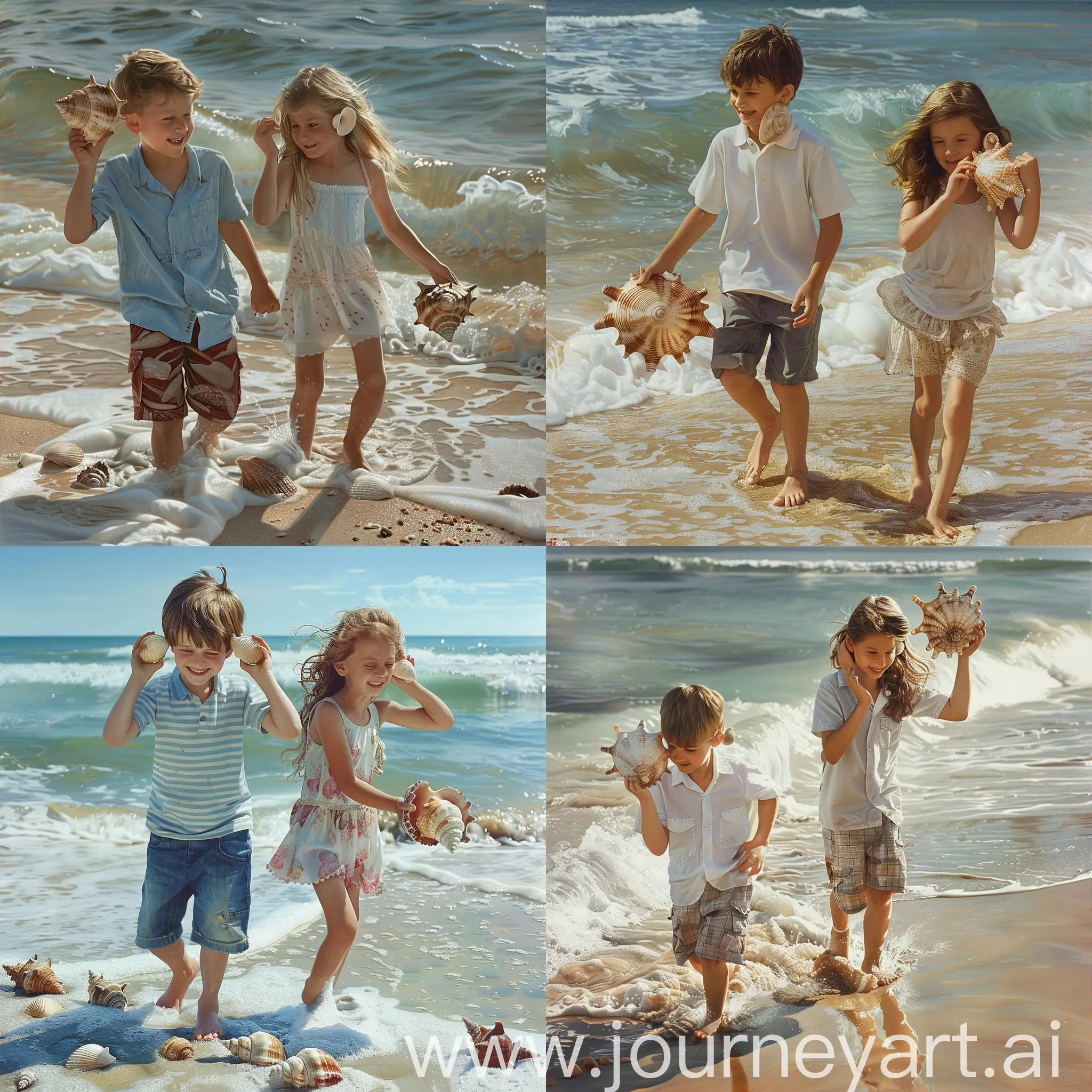 Мальчик и девочка  веселятся, ходят по берегу моря, по песку, по кромке прибоя, собирают раковины и подносят раковины к уху, "слушая море", фотография, гиперреализм, высокое разрешение