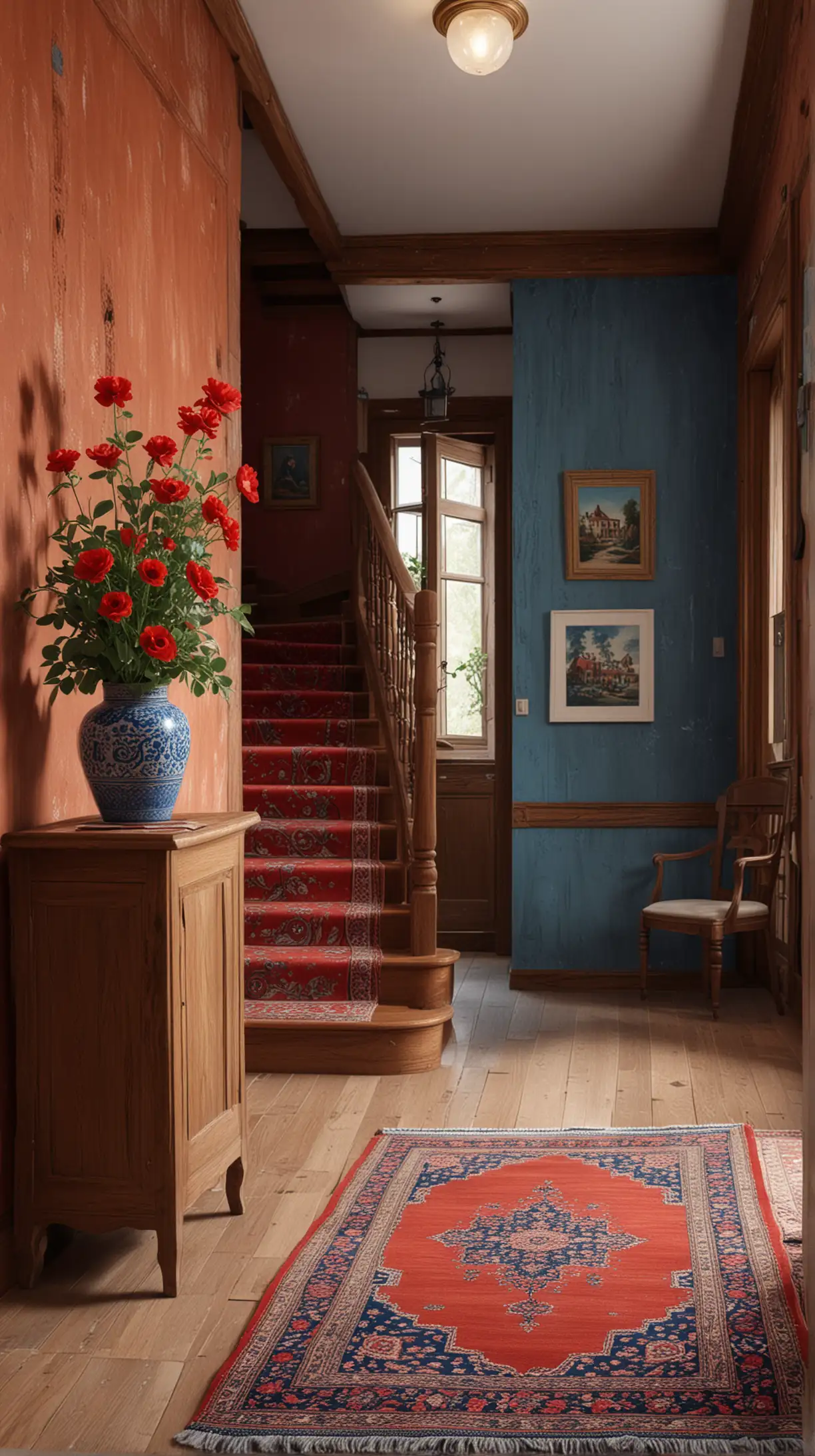 Wooden Corridor with Staircase and Turkish Rug Artistic Red Brick Wall Blue Navy Accents and Traditional Paintings