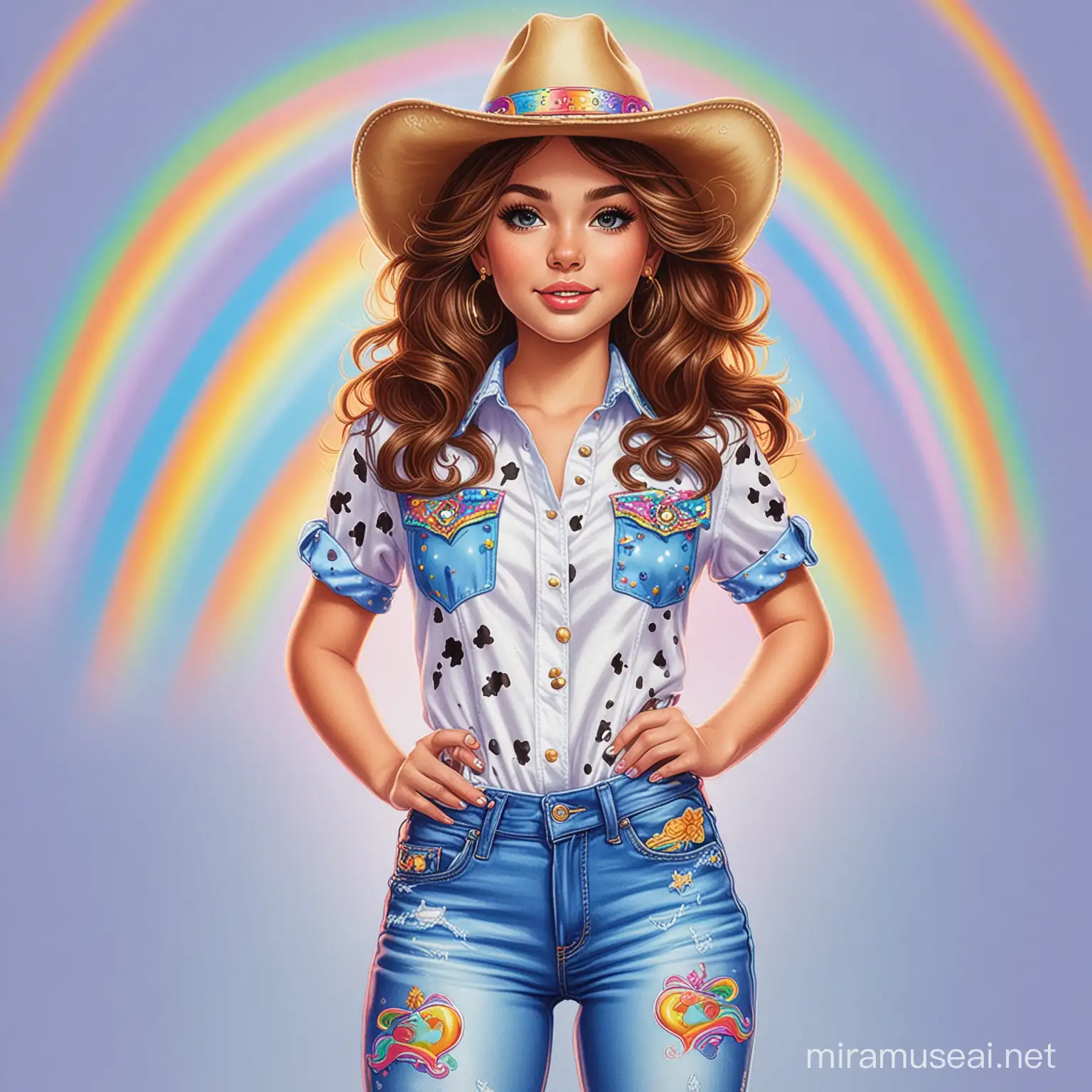 LISA FRANK INSPIRED CARTOON ILLUSTRATION OF A BROWN HAIRED GIRL, STANDING WEARING A BLUE AND COW PRINT COWBOY HAT , SHE IS WEARING A WHITE SHIRT AND JEANS WITH RAINBOW COWBOY BOOTS IN THE ART OF LISA FRANK