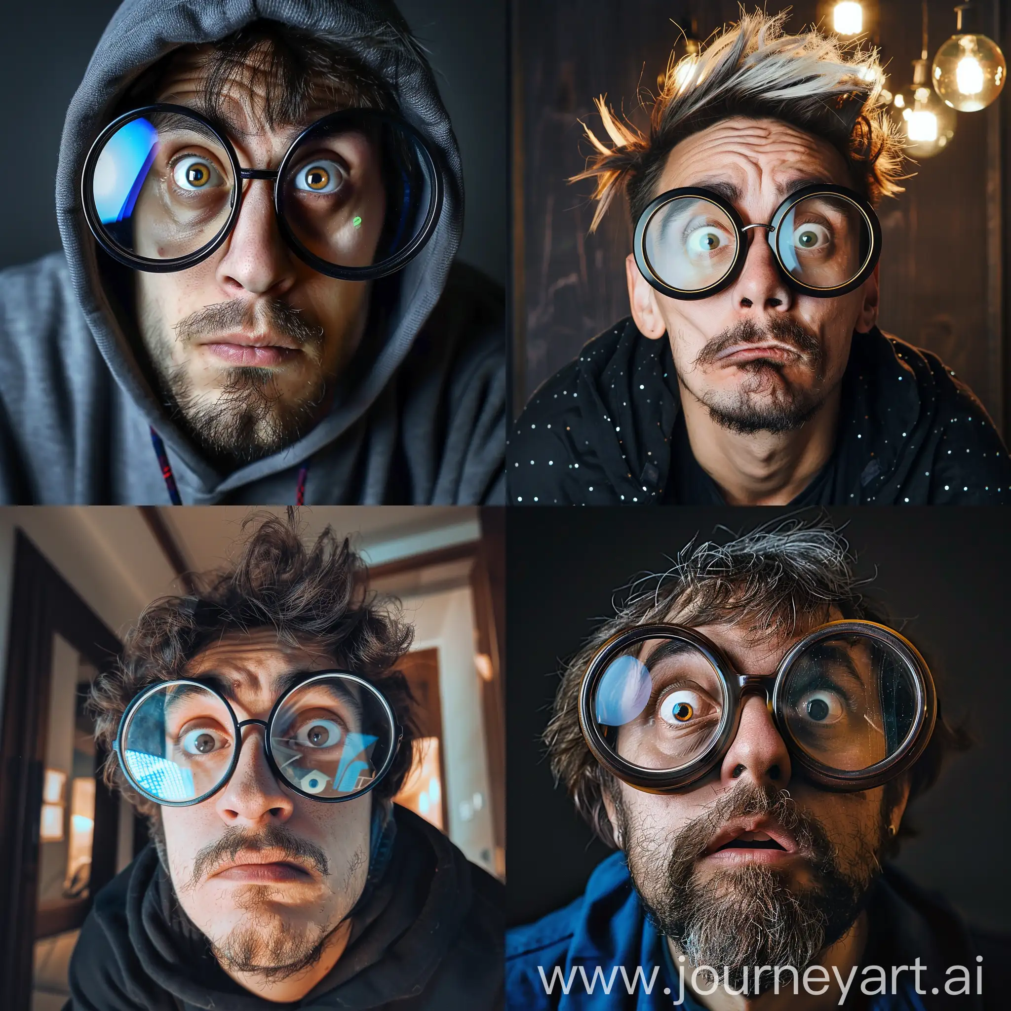 Crazy cock crypto programmer in big round glasses