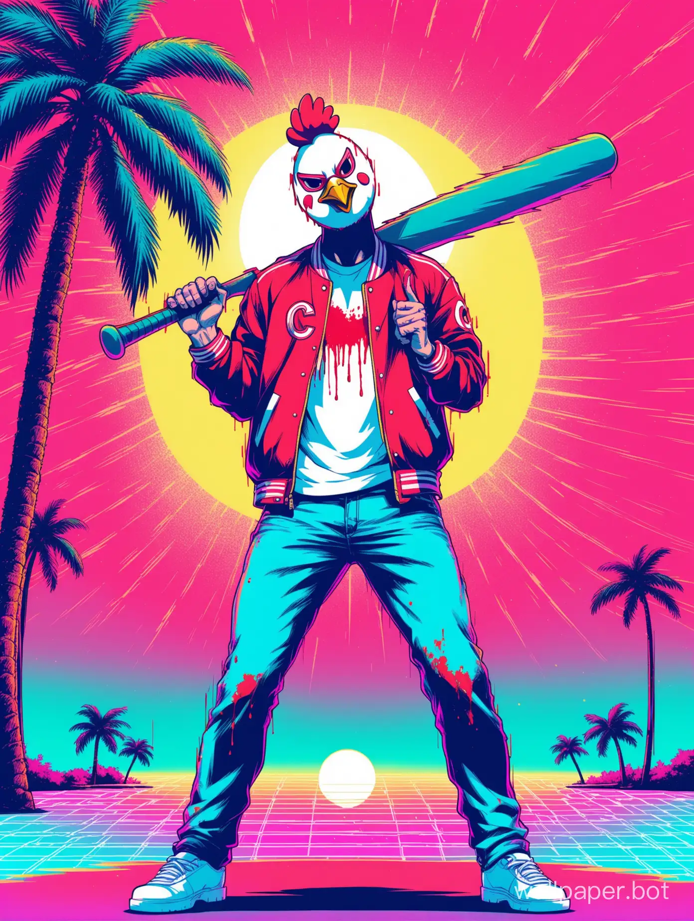 A white guy wearing a chicken mask, jeans, and a varsity football jacket covered in blood and holding a baseball bat standing in front of palm trees vaporwave style