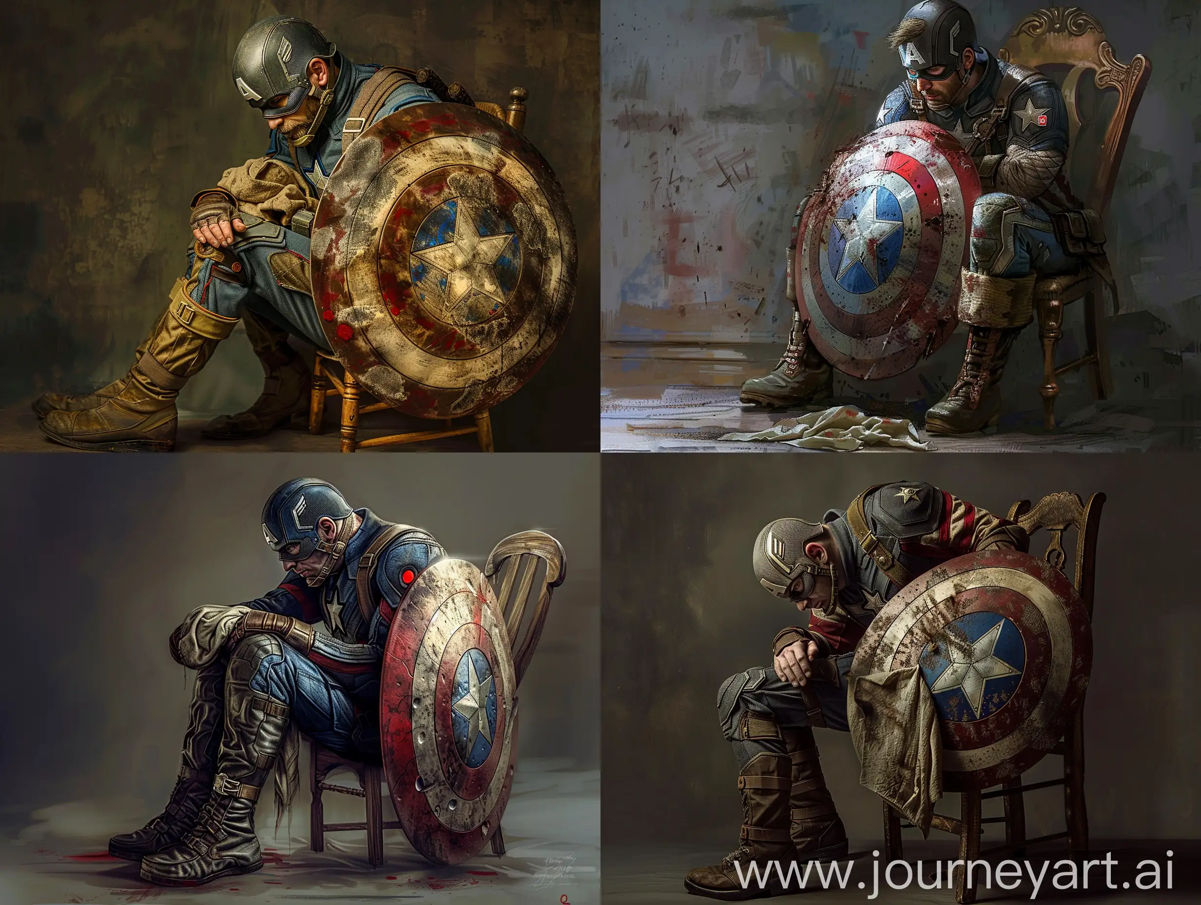Captain America is one of Marvel's characters, Captain America is dressed as a soldier in the 80s, Captain America is like the soldiers of the Crusades, Captain America's shield is a castle type from the 15th century, Captain America is an old handkerchief in He has his right hand, he puts the shield on his left leg, Captain America is sitting on a wooden chair, Captain America is in Camelot Palace in the 15th century, the lighting is classical lighting, prince of persia style witcher, Captain America's face is Tired, excellent quality, very clear, very realistic, q2.