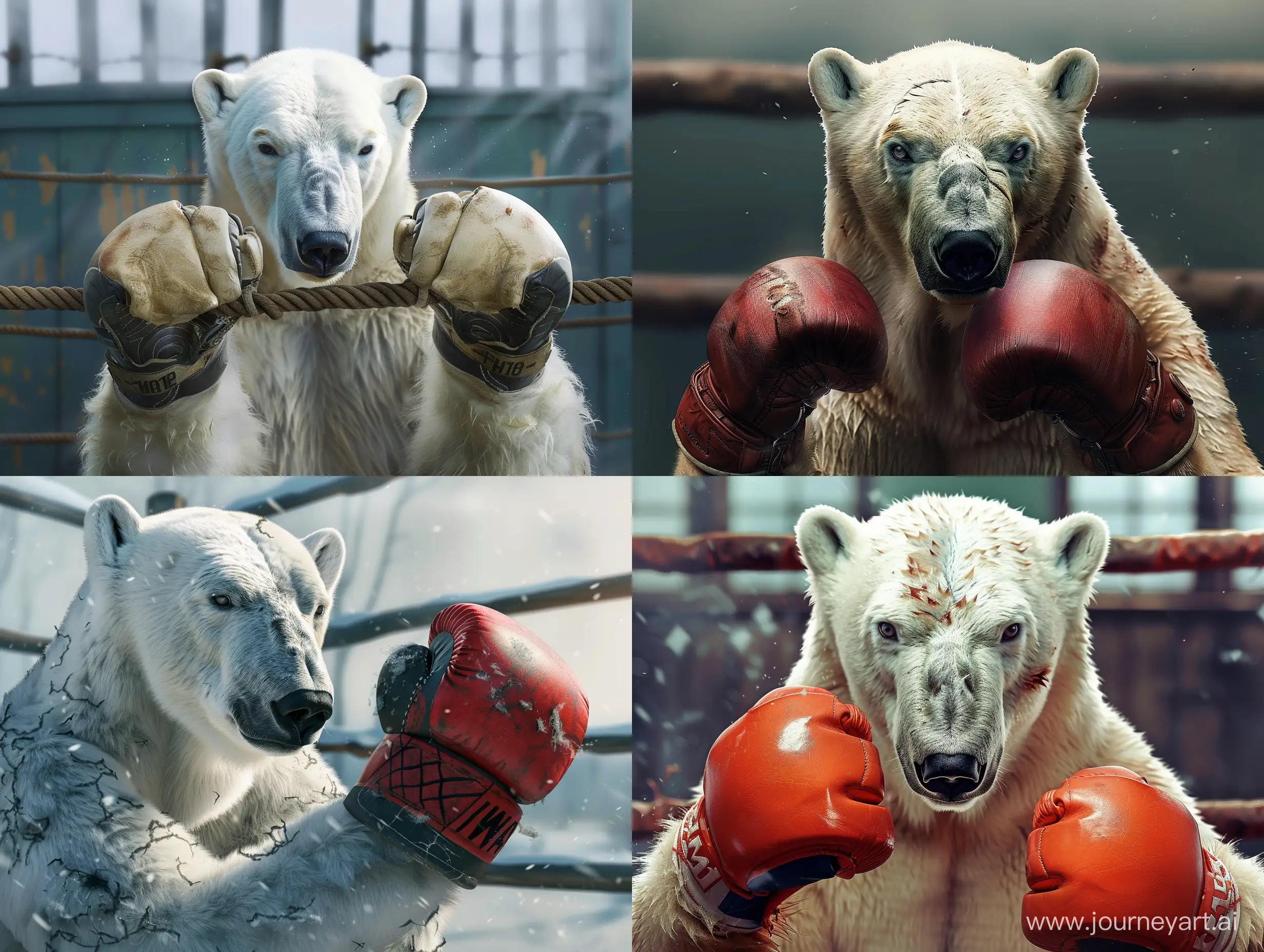 A portrait of a polar bear wearing gloves fighter in a fighting ring --v 6 --ar 4:3 --no 95559