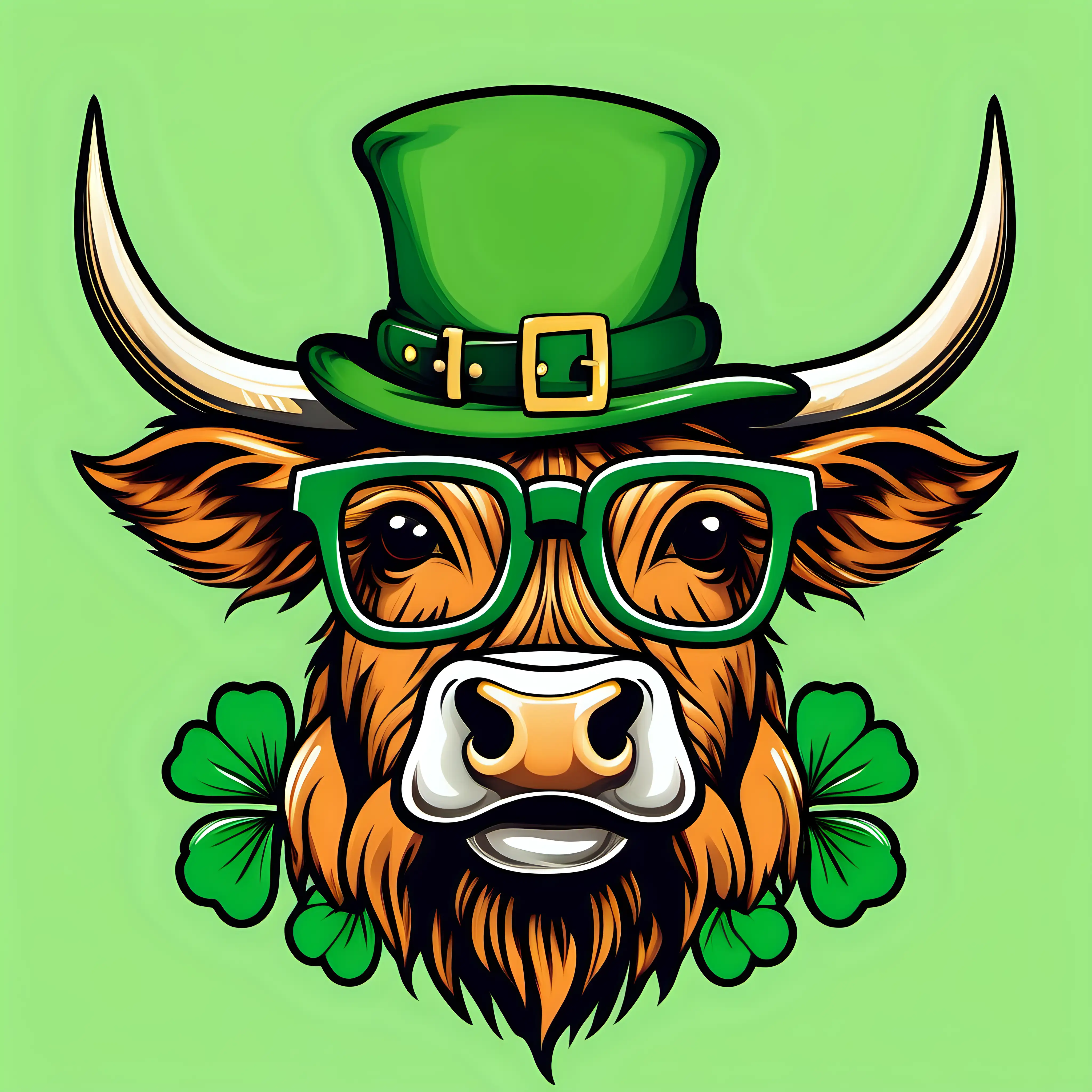 Whimsical Highland Cow Celebrating St Patricks Day with Hat and Glasses