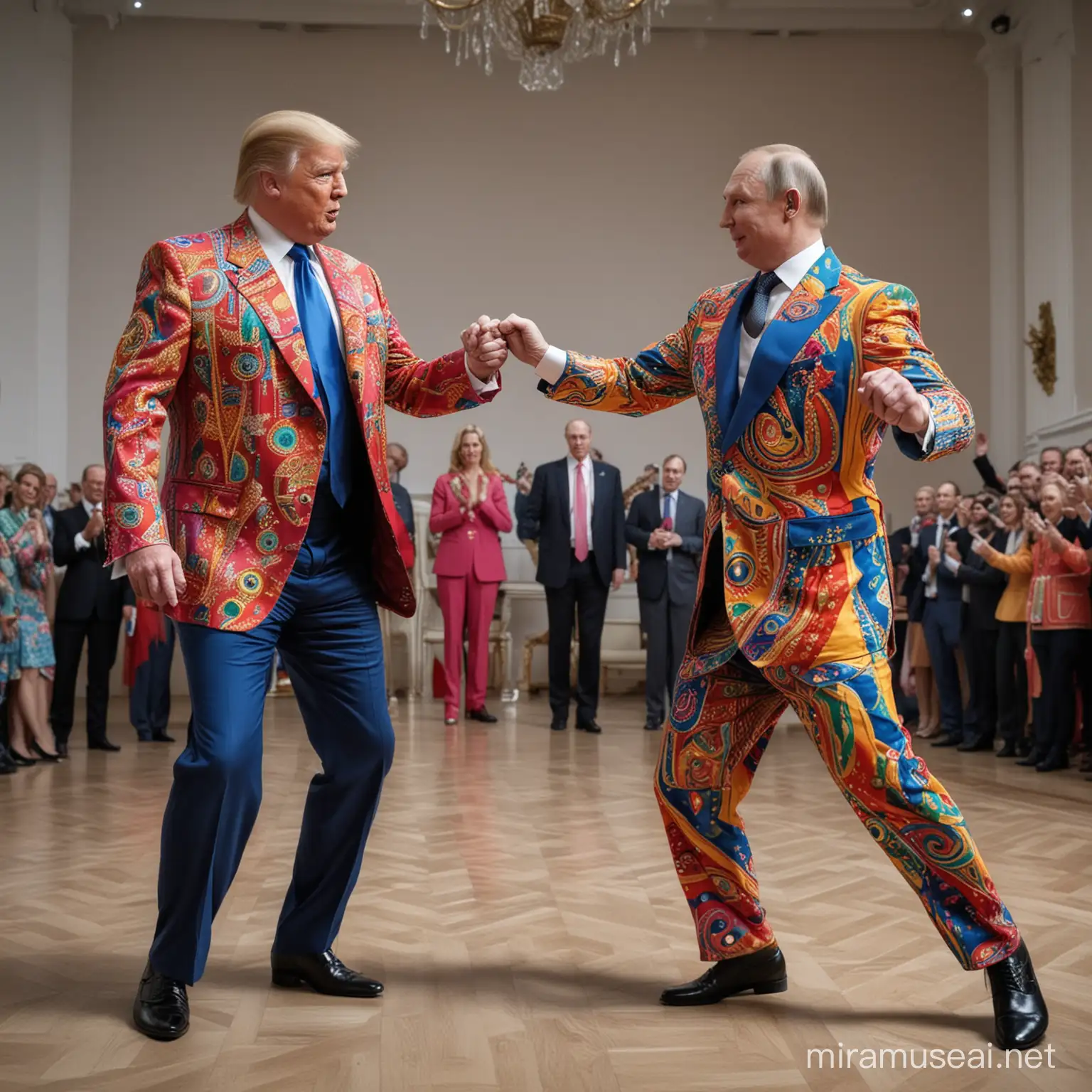 dancing trump and putin with colorful  costume