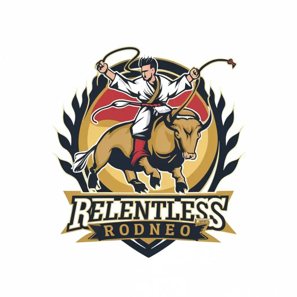 logo, Brazilian Jiujitsu Athlete in a kimono riding a bull, with the text "Relentless Rodeo", typography, be used in Sports Fitness industry