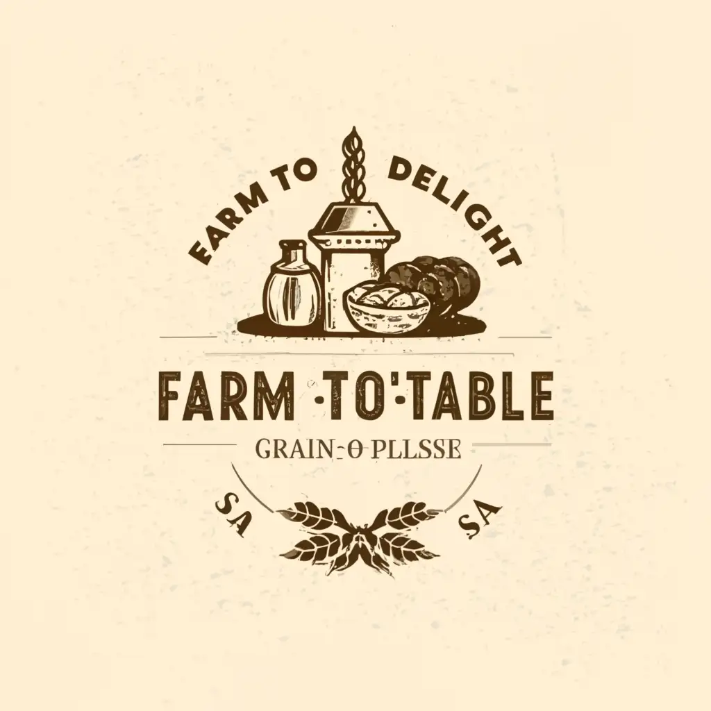 a logo design, with the text Farm to Table Delights : Savor the Flavor of Local Goodness, main symbol: wood press oil, grains, flour, and pulses, breads, wine bottle, meat, Moderate, be used in Restaurant industry, clear background; instead of RAM TO DELLCUE it will be FARM TO DELIGHT then instead of the Savor of Favorr of Local Goodless it will be the Savor of Flavor of Local Goodness