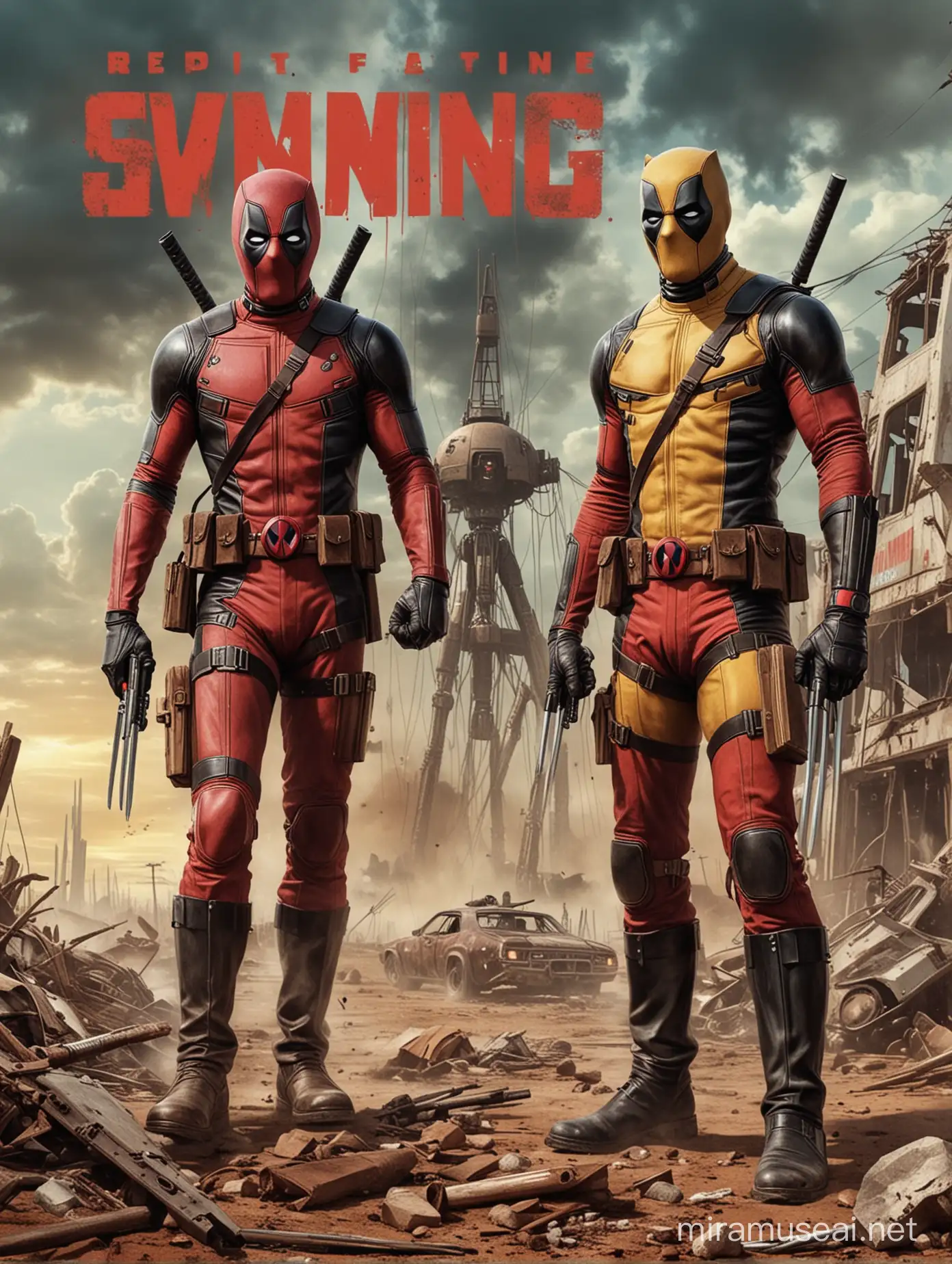 Deadpool and wolverine in dystopia post apocalyptic in time travel time machine war of the worlds the shining star wars epic legend, poster classic style art old pulp fiction cover 