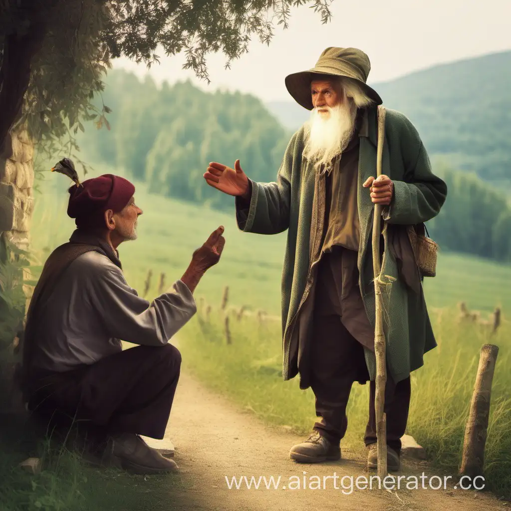 Старый Мудрец  из деревни общается с молодым человеком . Сделать изображение на средней дистанции