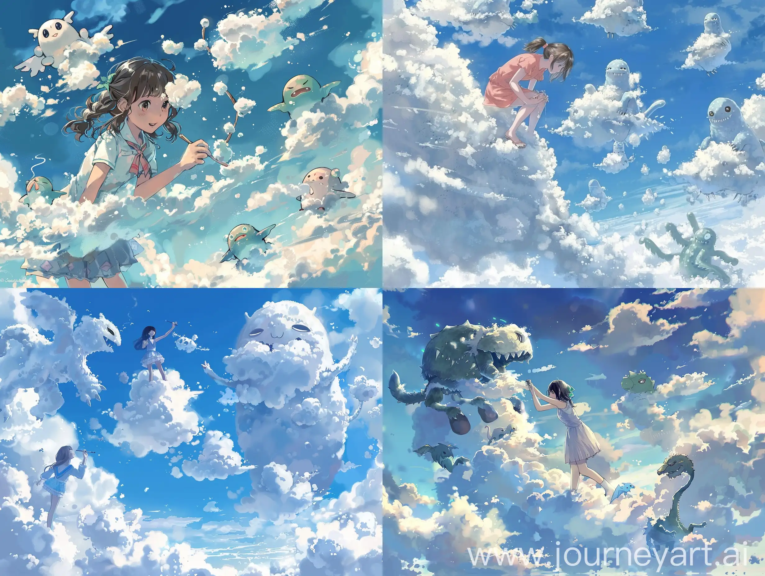 anime girl building creatures out of clouds in the sky