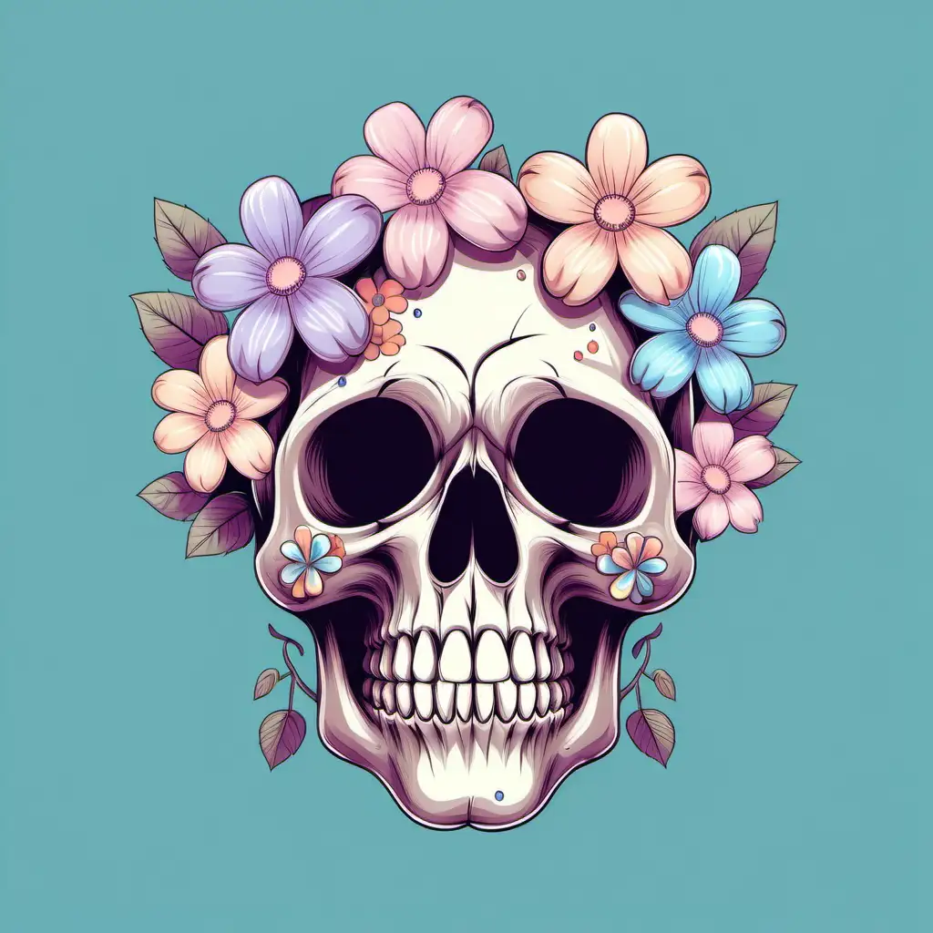Whimsical Skull with Blooming Pastel Flowers Unique Vector Illustration